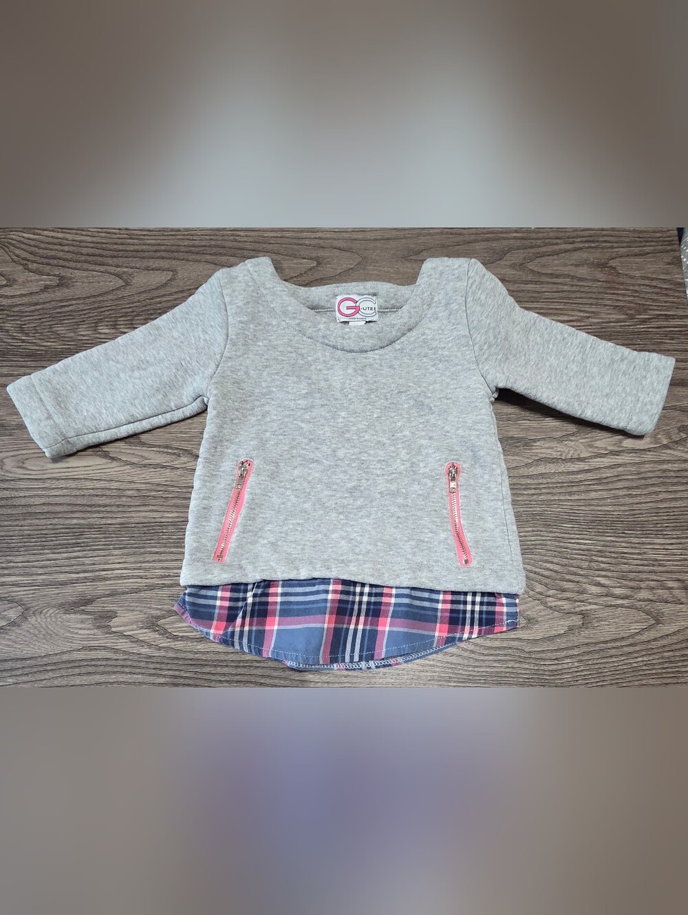 Girls' Gray Sweatshirt Top with Pink Plaid Trim